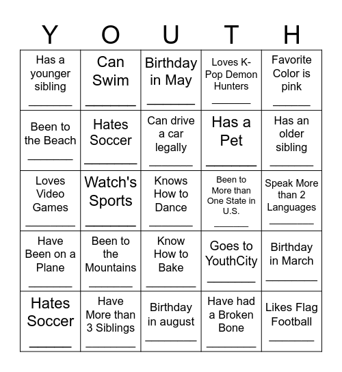 YouthCity Conversations in Different Settings Bingo Card