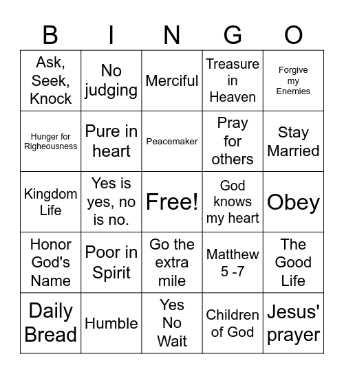 Sermon on the Mount Bingo Card