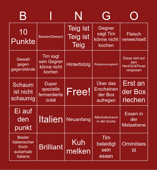 Kitchen Impossible Bingo Card