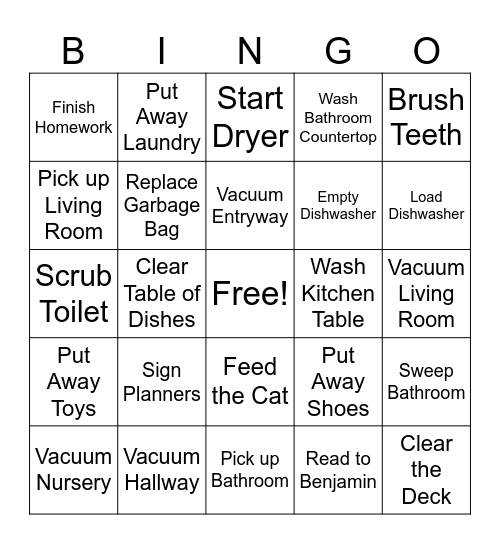 Household Chores Bingo Card