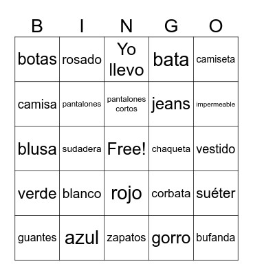Clothes and Colors Bingo Card