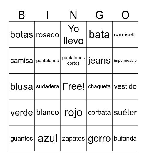 Clothes and Colors Bingo Card