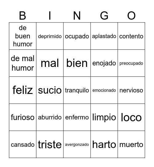 Adjectives with ESTAR Bingo Card