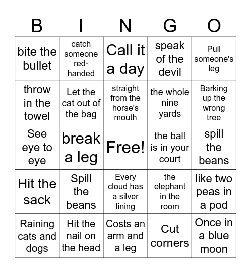 Idiom Bingo Card
