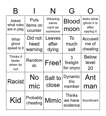 Phasmophobia Bingo Card