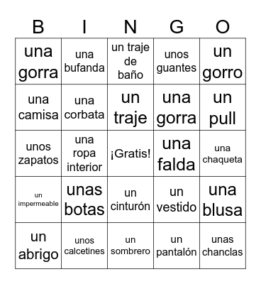 La ropa Bingo Card