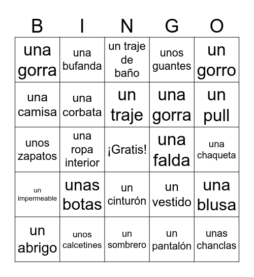 La ropa Bingo Card