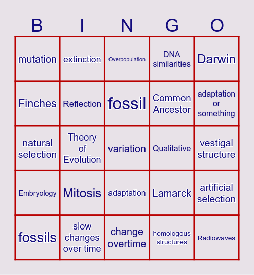Natural Selection Bingo thinggy Bingo Card