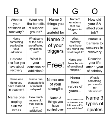 Recovery Bingo! Bingo Card