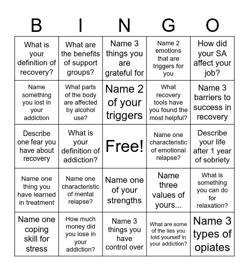 Recovery Bingo! Bingo Card
