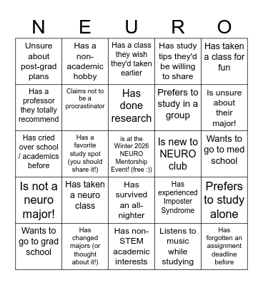 NEURO Club Mentorship BINGO! Bingo Card