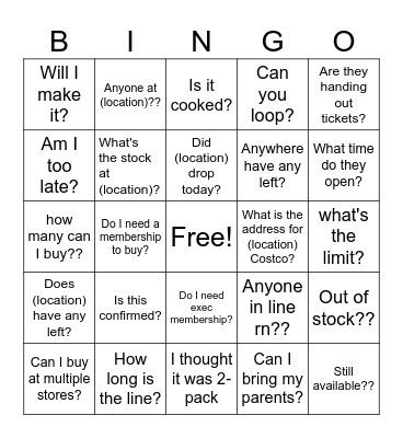 Costco UPC Bingo Card