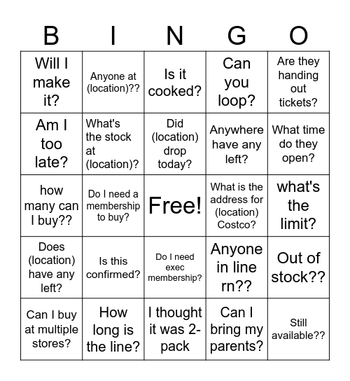 Costco UPC Bingo Card