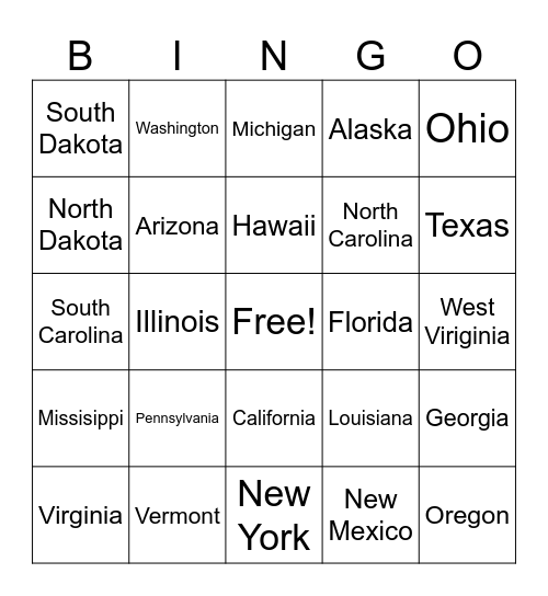 State Nickname Bingo Card
