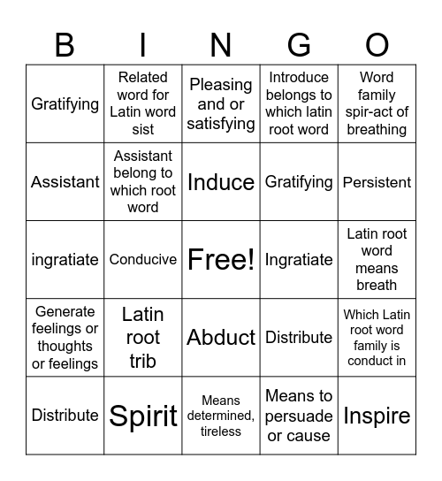 Red Roses Vocabulary Words Bingo Card