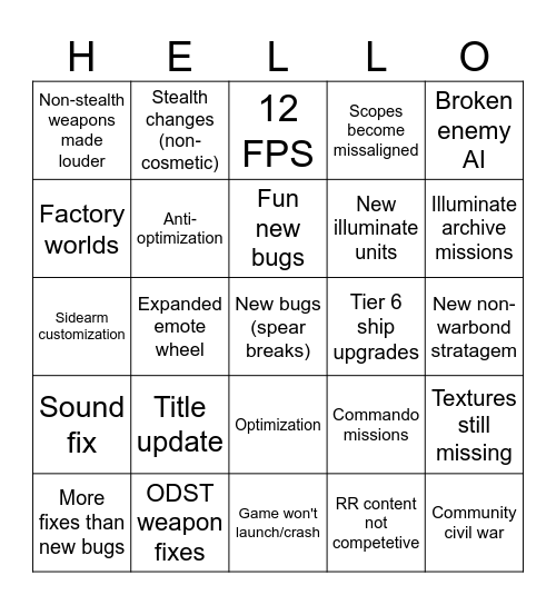 HD2 update bingo Card