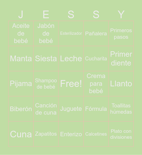 Jessy's baby shower Bingo Card