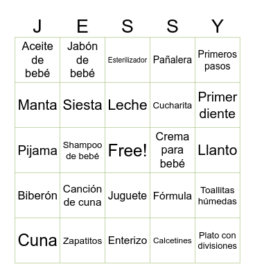 Jessy's baby shower Bingo Card