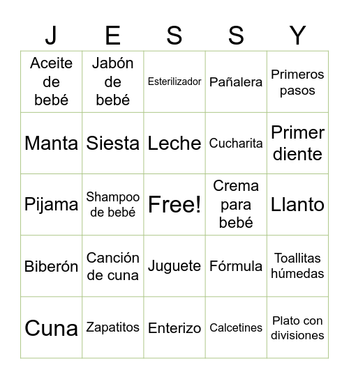 Jessy's baby shower Bingo Card