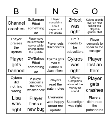 Cabal World Update Bingo Card