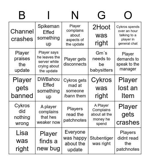 Cabal World Update Bingo Card