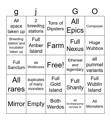 My Singing Monsters Bingo Card