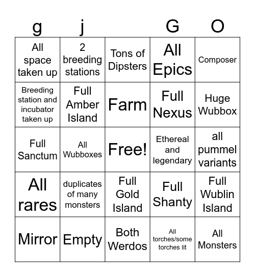 My Singing Monsters Bingo Card