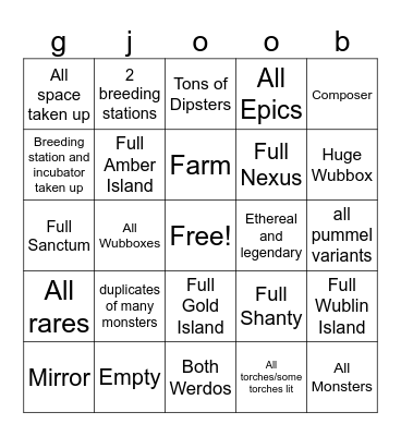 My Singing Monsters Bingo Card