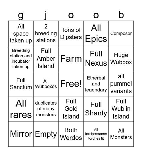 My Singing Monsters Bingo Card