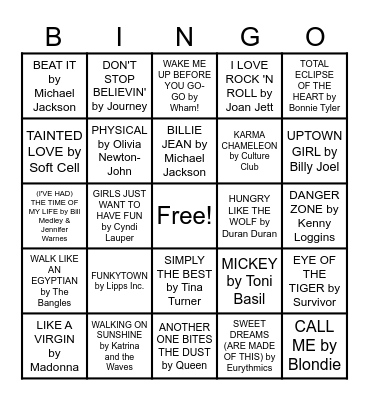 🛼80s HITS Bingo👾 Bingo Card