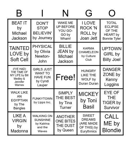 🛼80s HITS Bingo👾 Bingo Card