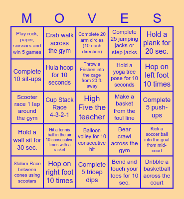 UNIFIED P.E. MOVES Bingo Card