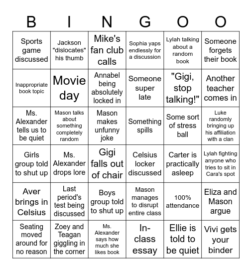Honors English Period 1 Bingo Card