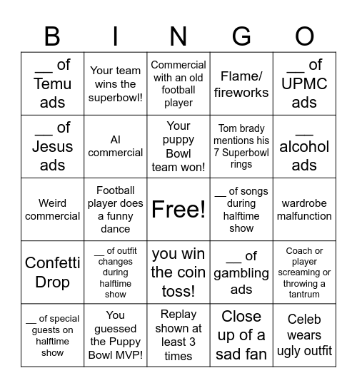 SUPERBOWL BINGO Card