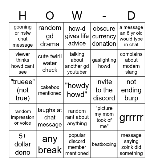 Howd bingo board Bingo Card