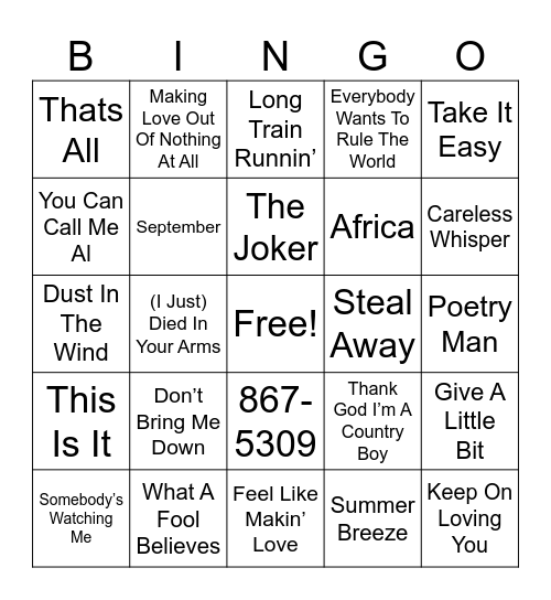 Yacht Rock! Bingo Card