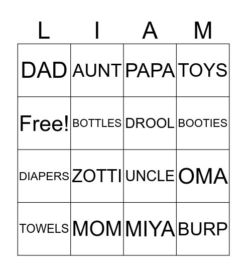 BABY LIAM Bingo Card