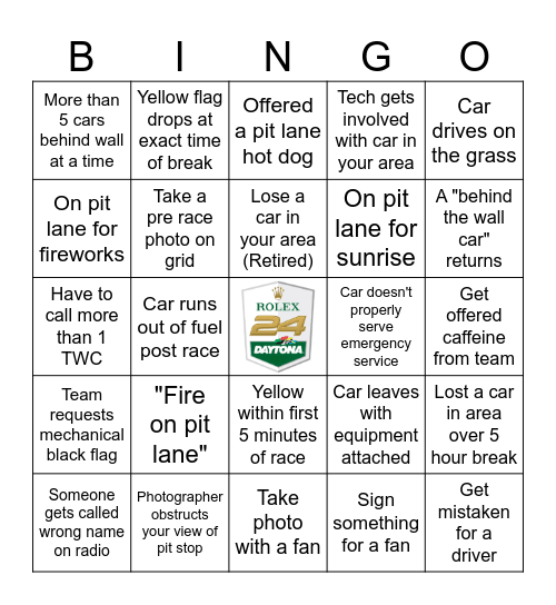 Pit Lane Rolex 24 Bingo Card