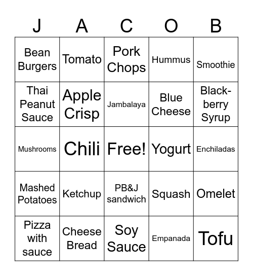 Jacob Foods Bingo Card