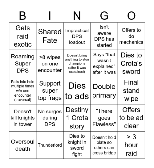 Bingo for Crota Bingo Card