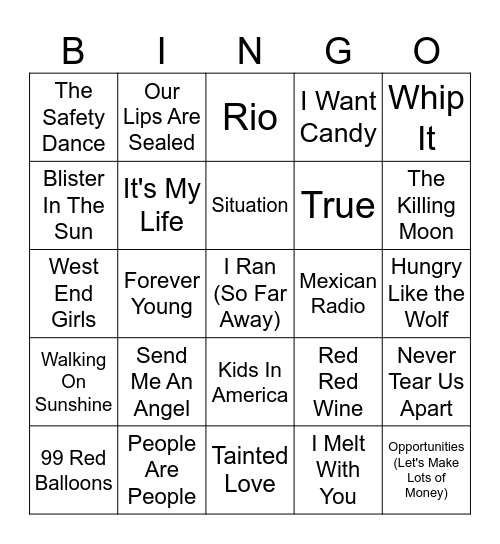 80s New Wave Bingo Card