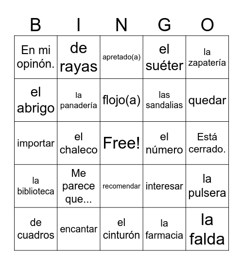 Ropa y la Tienda: Vocabulario Bingo Card