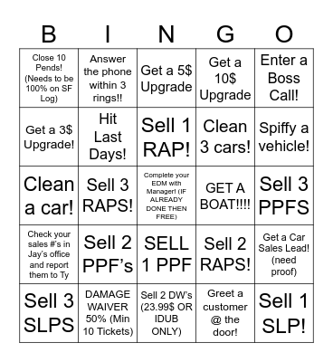 Friday Sales Competition! Bingo Card