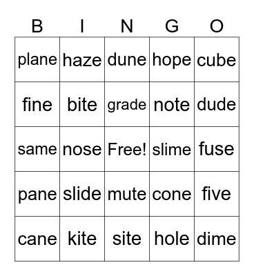 Magic E Bingo Card
