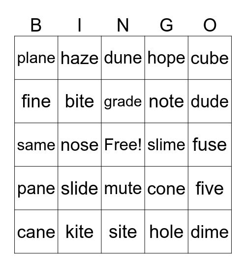 Magic E Bingo Card