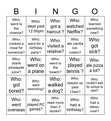 Back-to-School Bingo - What did you do over the holiday? Bingo Card