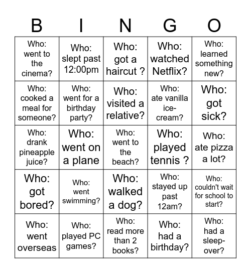 Back-to-School Bingo - What did you do over the holiday? Bingo Card