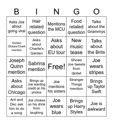 Joe on Graham Norton Bingo Card