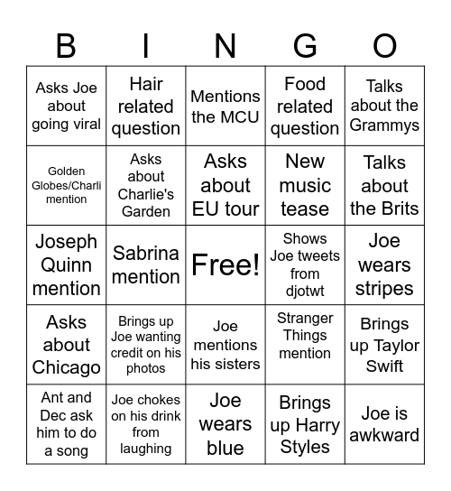 Joe on Graham Norton Bingo Card