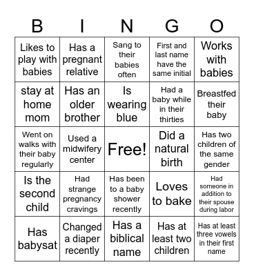 Find A Guest Bingo Baby Sprinkle Bingo Card